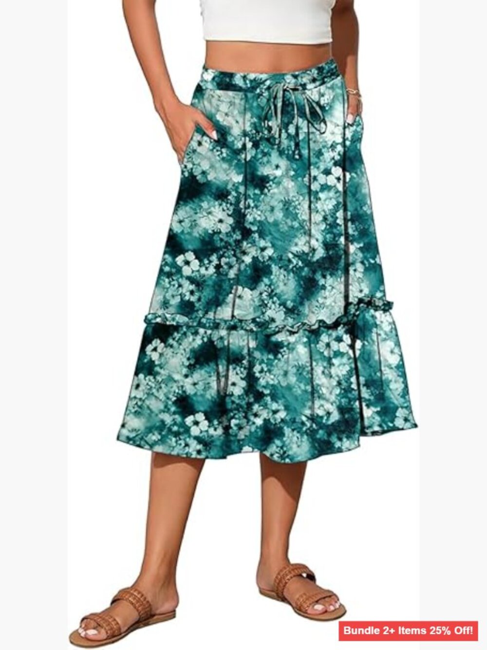 Midi Skirt Elastic Waist Pleated A-Line Flowy Swing with Pockets